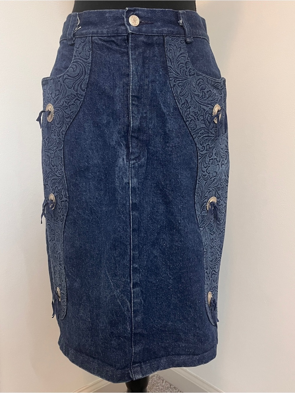 Vintage Roughrider Denim Western Skirt | Embossed Panel | Cowgirl Chic - Picture 2 of 7